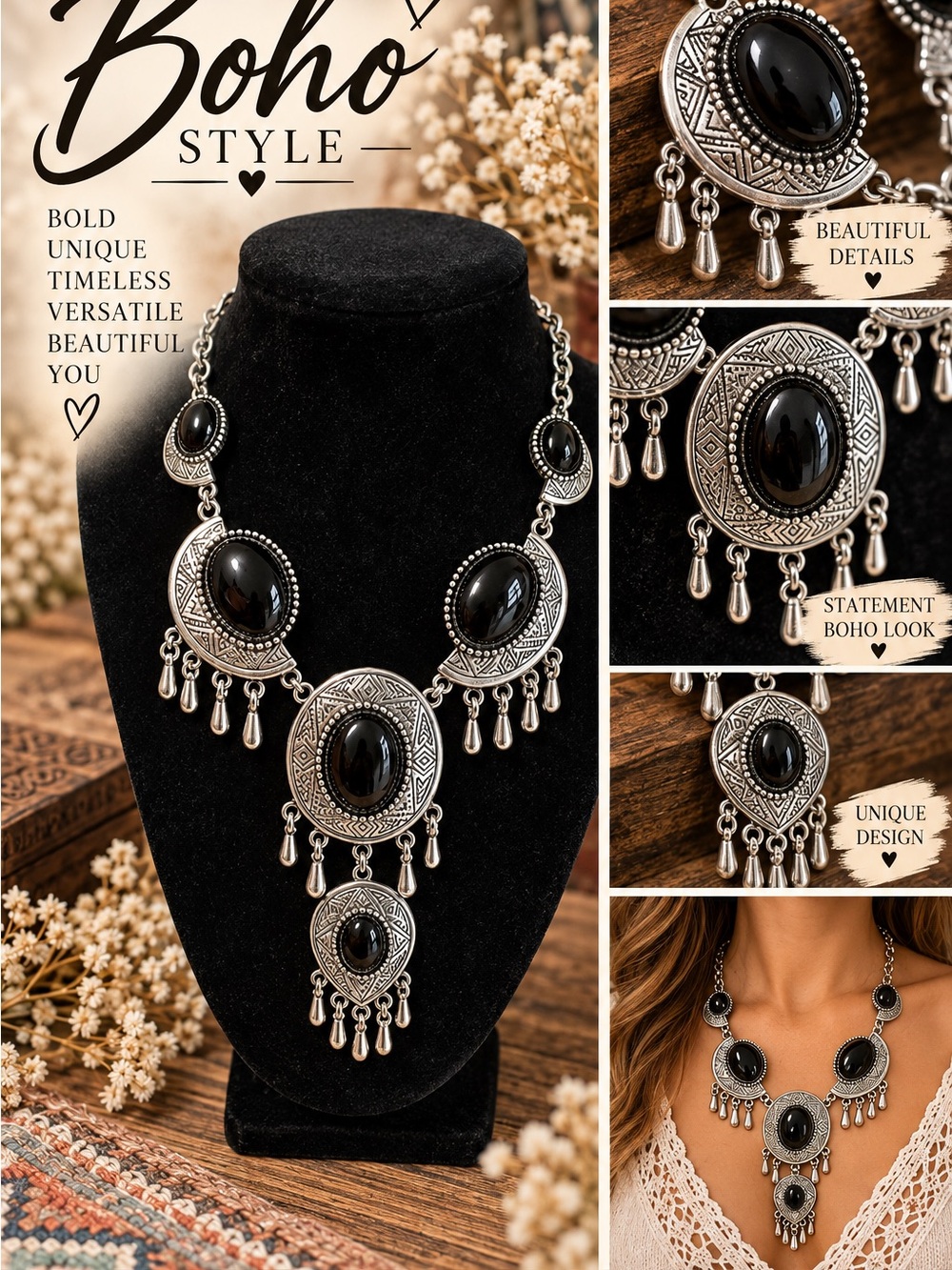Boho Black Oval Pendant Necklace - Silver-Tone Statement
